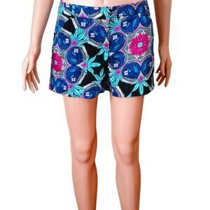 Nicole Miller Floral Chino Shorts 4 Women's Blue Mid Rise Side Slash Pockets